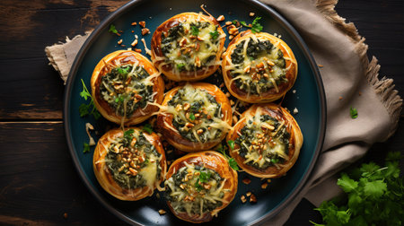Gorgeous Gorgonzola-spinach creations, highlighted with walnuts and sesame.の素材