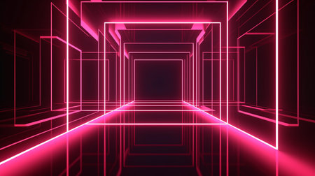 Abstract neon background with glowing lines showcased in a 3D render of an empty room with floor reflections.の素材