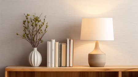 A modern white lamp with golden accents and a linen shade stands beside tomes atop a simplistic wood sideboard against a barren beige wall, creating a mockup 3D close-up.の素材