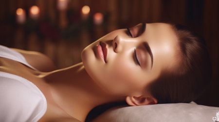 Attractive woman indulging in spa services, lying on massage table with eyes shut, experiencing skin rejuvenation and wellness.の素材
