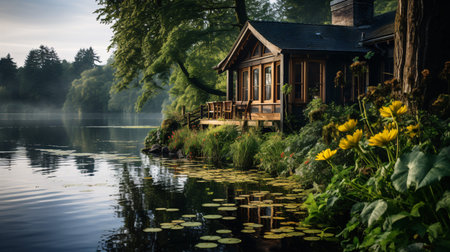 A serene boathouse nestled at the lake's edge amidst verdant vegetation, forming a tranquil lakeside haven.の素材
