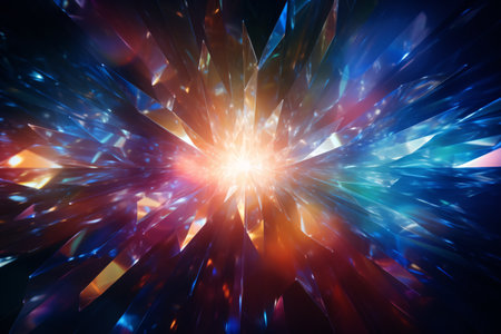 A kaleidoscopic rainbow shining over a dark backdrop with a crystal-like abstract glow and a holographic reflection of sunlight creating a colorful bokeh.の素材