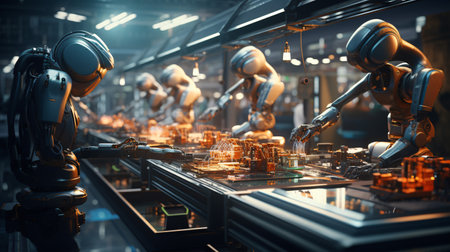 Robotic limbs construct complex parts in an advanced production plant.の素材