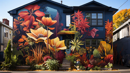 A vivacious street wall painting combining metropolitan components with luxuriant vegetation illustrates a metropolitan wilderness.の素材