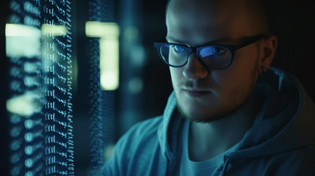 A Software Engineer develops an e-Commerce Platform with Machine Learning, AI and Big Data, with their Code Reflexively Glinting off their Glasses.の素材