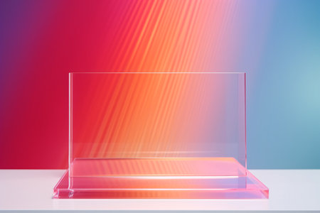 Vibrant and vivid abstract backdrop created with see-through and grooved plexiglass. Unoccupied display for beauty and makeup merchandise promotion. Platform for showcasing and promoting new packaging.の素材