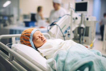 Adorable Caucasian infant resting in a hospital crib with an identification bracelet on the ankle. Symbolizing health, pregnancy, and motherhood.の素材