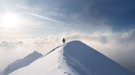 A male climber trekking with snowy tracks on a mountain ridge in a snowstorm at dawn.の素材