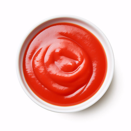 A delectable helping of tomato sauce in a pristine bowl is part of a gathering of various condiments.の素材