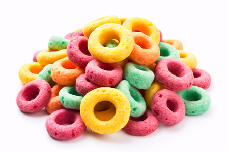 A mound of vibrant cereal doughnuts on a plain white surface.の素材
