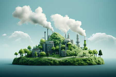 Eco-friendly factory promoting sustainability with minimal carbon emissions and ozone-friendly production.の素材