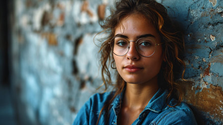 Joyful young grinning self-assured corporate lady dressed in navy top and spectacles content attractive woman boss gazing at lens standing arms folded alone on grey backdrop headshot.の素材