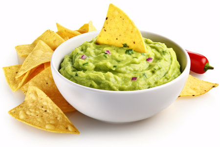 Delicious Mexican fare, guacamole and chips, isolated on white.の素材