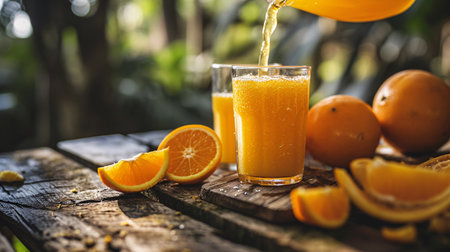 Squeezing freshly squeezed orange juice onto a wooden table in an orchard.の素材