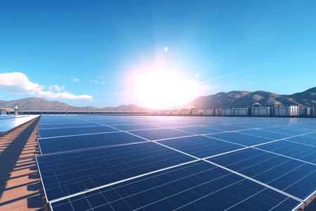 Solar panels gleam with radiant sunlight, promoting renewable energy and a sustainable environment through 3D visualization.の素材