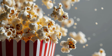 Popcorn bursting out of red and white striped paper container on white backdrop with room for text, flying in mid-air.の素材