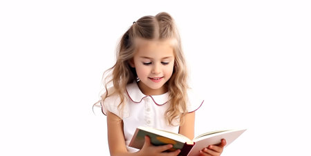 The youngster peruses a tome on a secluded, whitened backdrop, thus enhancing her educational growth.の素材