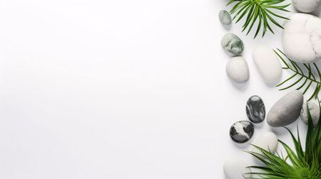 Cosmetics on a plain backdrop, with verdant foliage and rocks, allowing for ample room for text.の素材