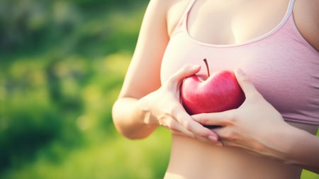 Female abdomen and palm with love symbol outdoors for physical activity, nourishment, and up-close shot.の素材