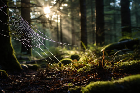 A delicate, morning-lit spider web, beaded with dew, in an enigmatic woodland.の素材