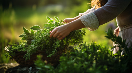 A female gathers healing plants with a narrow focus in the wild.の素材
