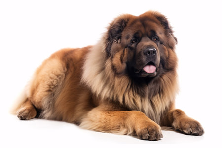 A lovable, feathery canine stood out against a plain white backdrop.の素材