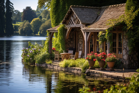A serene boathouse nestled by a placid lake, amidst verdant vegetation, set up a tranquil waterfront haven.の素材