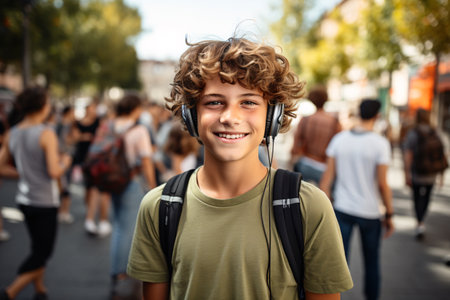 Genuine photo of grinning adolescent male with orthodontic appliances listening to music gazing at lens standing on city street with companions in backdrop. Optimistic way of living, warm weather idea.の素材