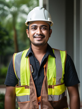 A construction engineer poses in a studio, smiling and wearing a vest and hard hat for safety, while planning or managing a project in India.の素材