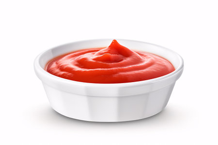 A delectable portion of ketchup in a bowl isolated on a blank background, with a variety of sauces.の素材