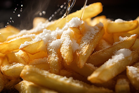 A tight view of seasoning French chips with salt.の素材