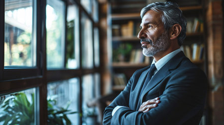 Content, joyful mature executive leader in formal attire standing in office with arms crossed, contemplating achievement and development of company.の素材