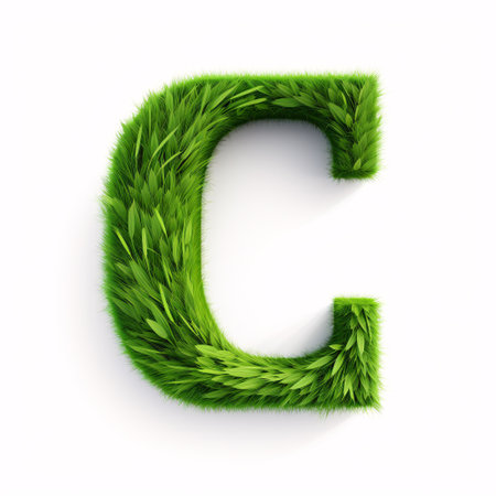 A 3D capital C made of grass on a white background symbolizing eco-nature illustrates a lush meadow.の素材