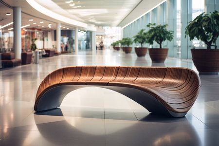A sleek, curved wooden bench, situated inside an airport, is highlighted in close-up.の素材