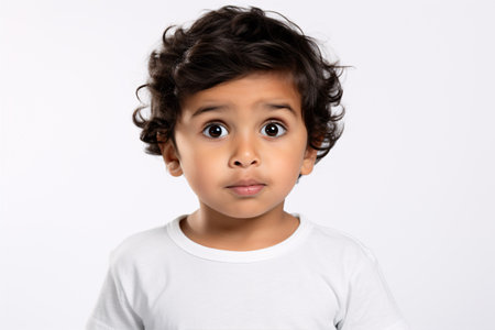 A jovial Latin tyke with raven tresses and ebony orbs isolated on a pristine background.の素材