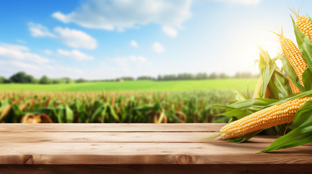 Illustration of open space with maize field and rustic table, perfect for branding and text placement.の素材