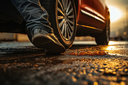 A man pressing the car's brake to decelerate, shifting weight to increase traction and improve stability while turning.の素材