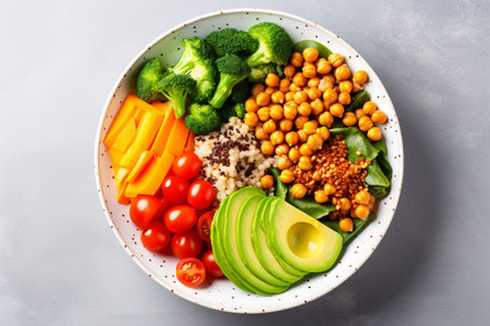Nutritious plant-based lunch dish with avocado, mushrooms, greens, legumes, and squash on a bright surface.の素材