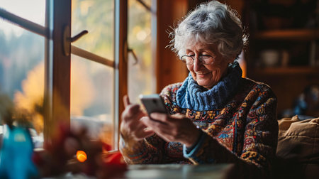 Elderly lady utilizing mobile technology to keep in touch with family and friends.の素材