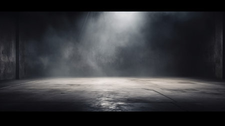 Immerse yourself in the atmospheric charm of an empty studio dark room, featuring a grunge texture floor, spot lighting, and a hint of mist creating a visually stunning backdrop.の素材