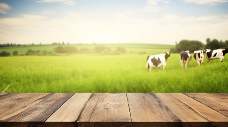 Vacant wood surface with pasture and cattle backdrop.の素材