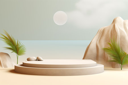 Summer beach setting with abstract stone platform and tropical ocean backdrop.の素材