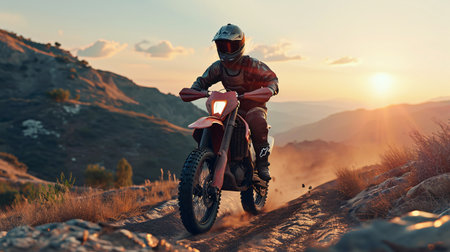 A male expert biker in complete motorcycle gear riding a rugged enduro bike on a mountain path at dusk, with a 3D rendered backdrop, representing the idea of fast-paced motorsport as a hobby.の素材