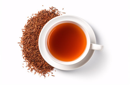 A cup of Rooibos tea, viewed from above, set against a white background; perfect for use in a beverage catalogue.の素材