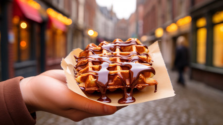 Traveler enjoys famous local street delicacy - Belgian delectable waffle drizzled with rich chocolate sauce amidst the bustling tourist streets of Bruges, Belgium, Europe. Classic sweet treat from Belgium.の素材