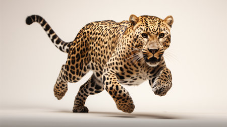 A dappled leopard sprung, Panthera pardus, stands apart on a plain backdrop.の素材