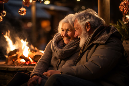 Elderly pair cozying up by an al fresco hearth during a cold nighttime.の素材