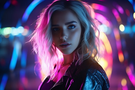 A youthful female gazes into the camera lens, illuminated by the nightclub's neon light; a close-up of a captivating futuristic female surrounded by a multicolored radiance.の素材