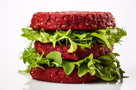 Vegan patty, consisting of vegetable fats and proteins, isolated on a white backdrop.の素材