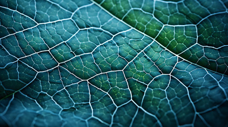 Close-up of a horseradish leaf showcasing its abstract structure of cells and veins, with a blue-green-tinted background ideal for veggie-themed wallpaper.の素材